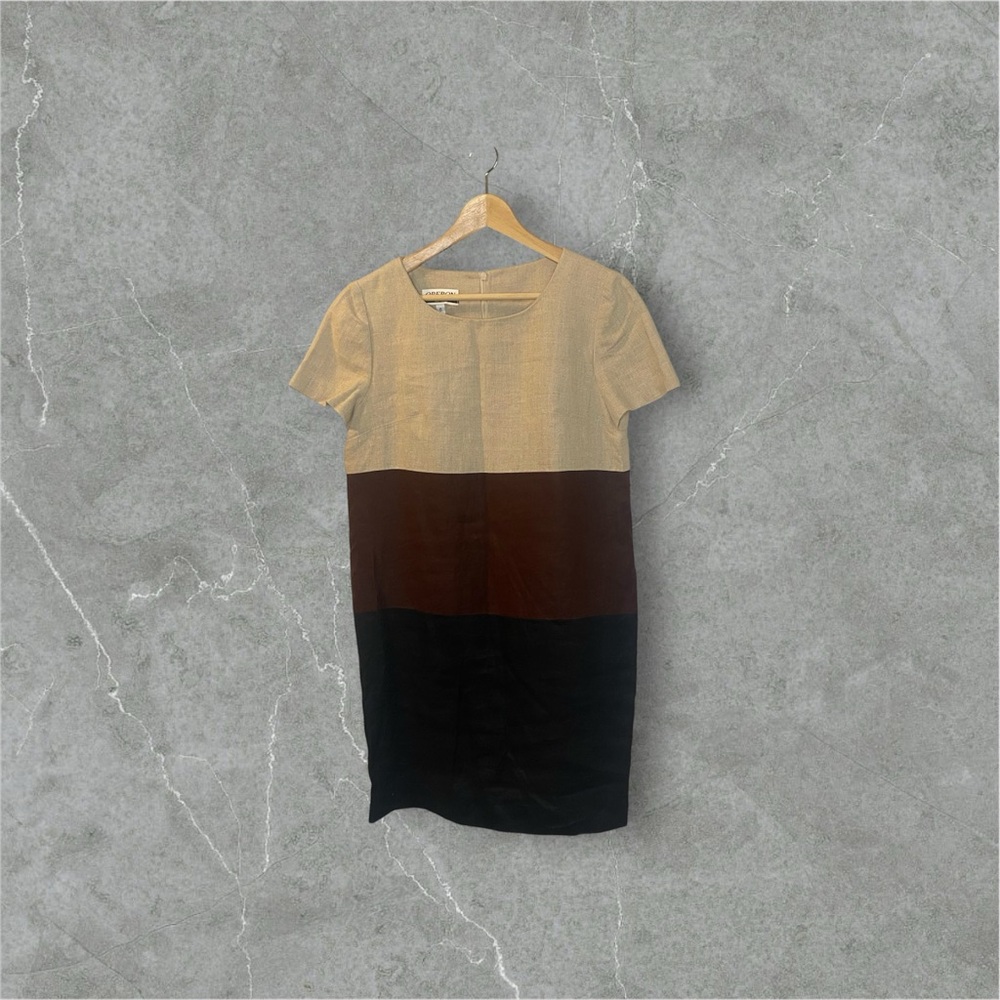 OBERON NEW YORK LINEN COLOR BLOCK DRESS in Tan, Brown, and Black